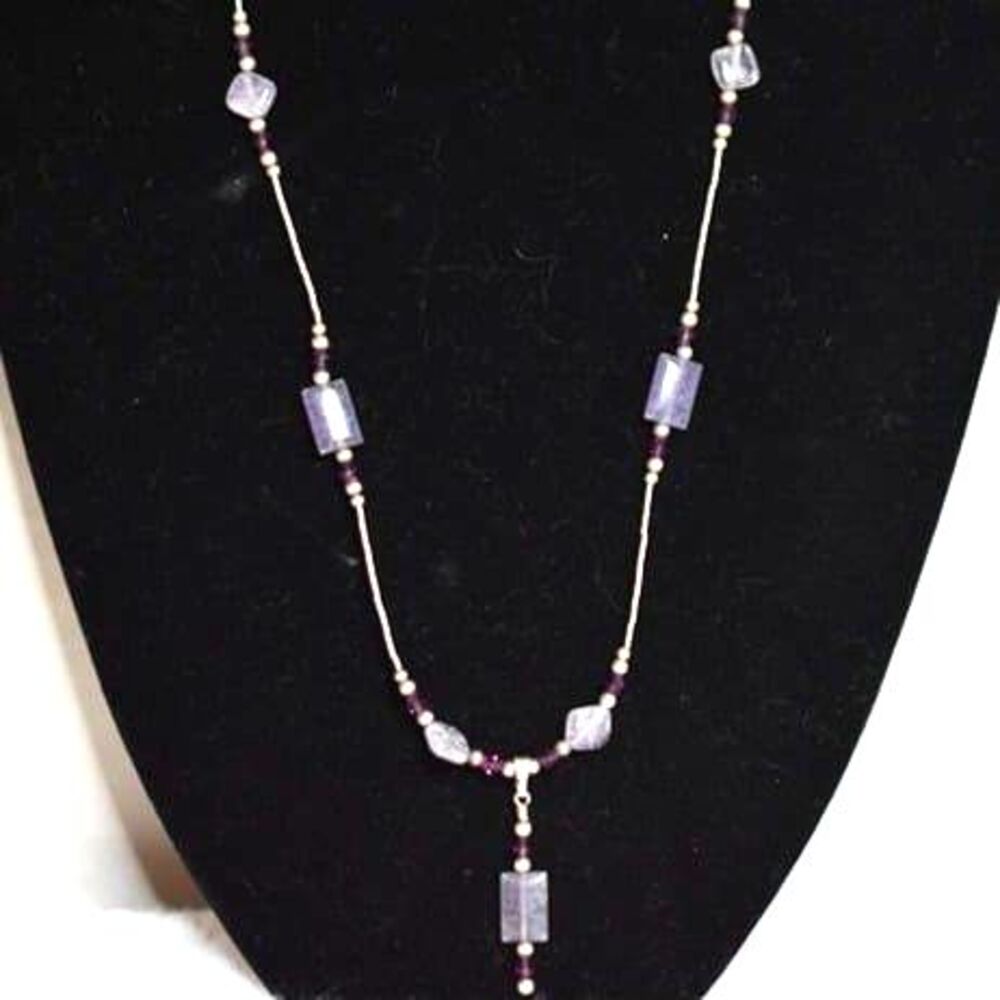 Vintage Gray/Red Bead Silver Tone Beaded Chain Lobster Claw Clasp 18" Necklace